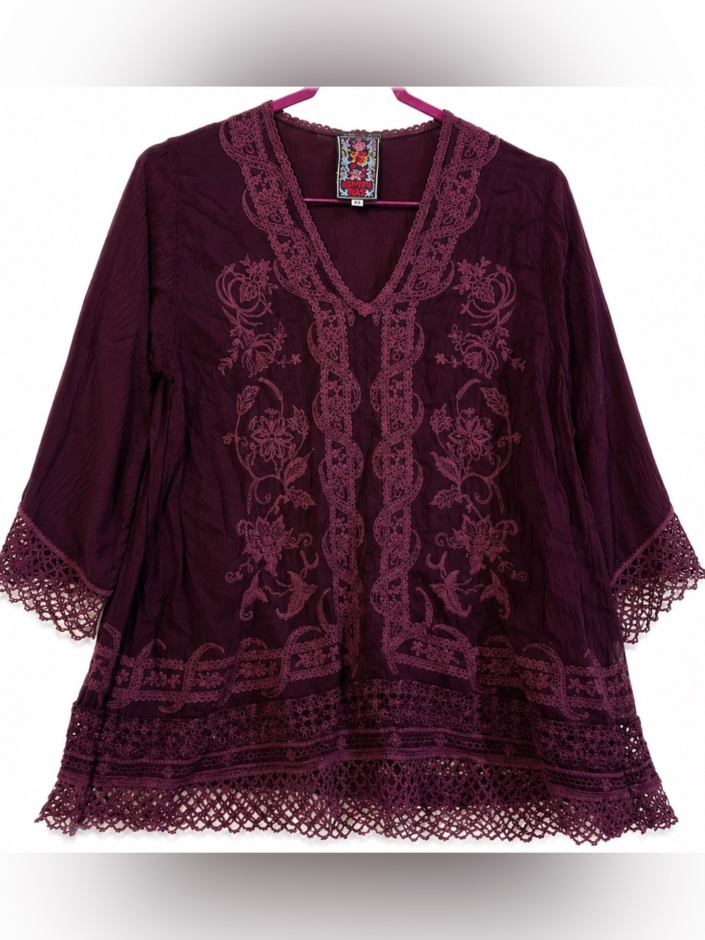 Johnny Was Merlot Embroidered Boho Tunic Lace Trim Crochet Hem XS